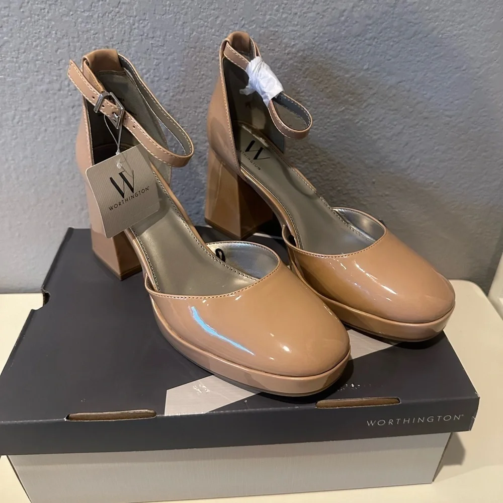 Worthington Nude Patent Platform Block Heel Pumps